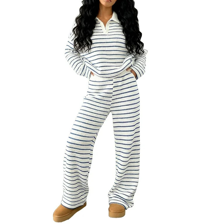 Bloomae Women's 2 Piece Sets Fall Casual Striped Long Sleeve V Neck Knit Collared Pullover Sweate... | Walmart (US)