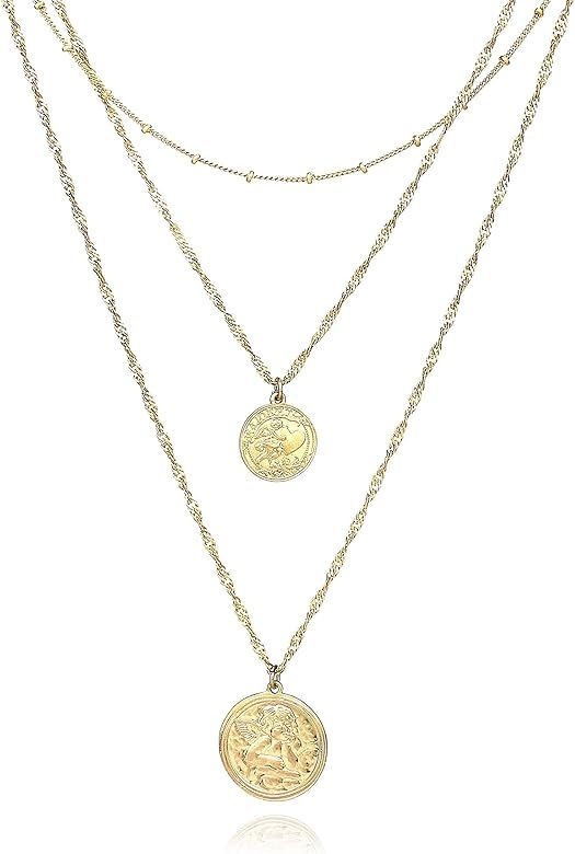 Boho Multi-Layered Medallion Gold Coin Necklace Cross Charm Pendant Necklace for Women | Amazon (US)