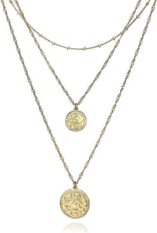 Boho Multi-Layered Medallion Gold Coin Necklace Cross Charm Pendant Necklace for Women | Amazon (US)