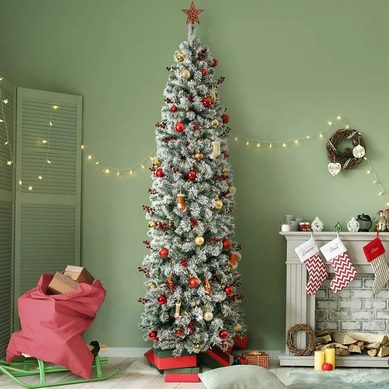 OasisCraft 6.5Ft Snow Flocked Artificial Pencil Christmas Tree, Hinged Snowy Slim Xmas Tree Outdo... | Walmart (US)