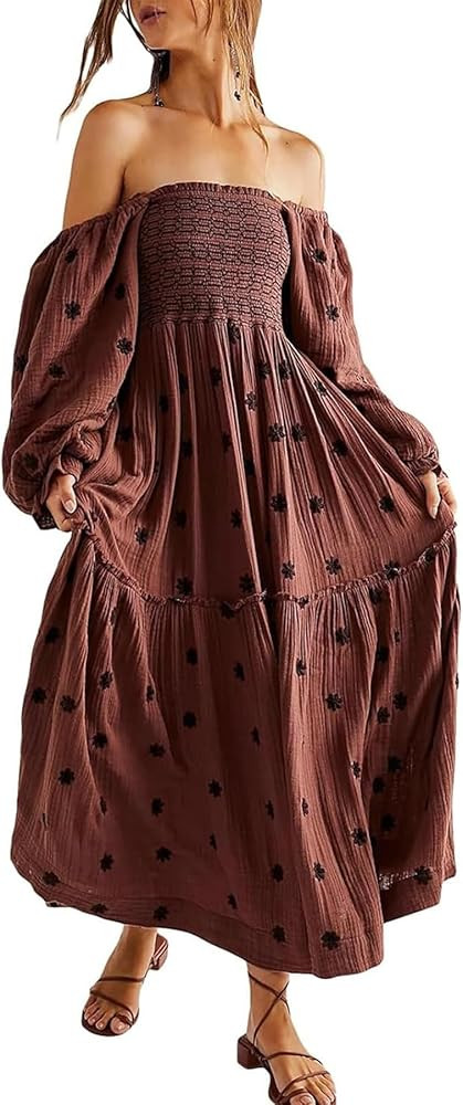 Willow Dance Women Casual Bohemian Floral Dress Square Neck Ruffle Swing A Line Long Sleeve Beach... | Amazon (US)