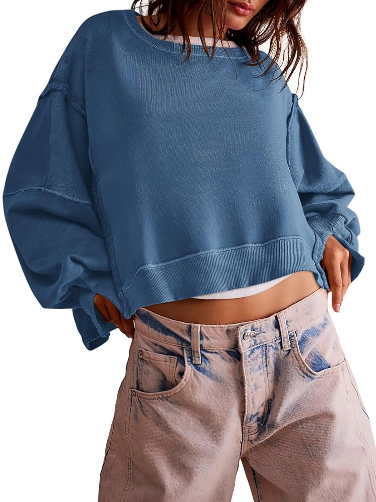Zwurew Womens Casual Sweatshirt Long Sleeve Tops Crewneck Loose Fit Tee Pullover Crop Tshirt Side... | Amazon (US)