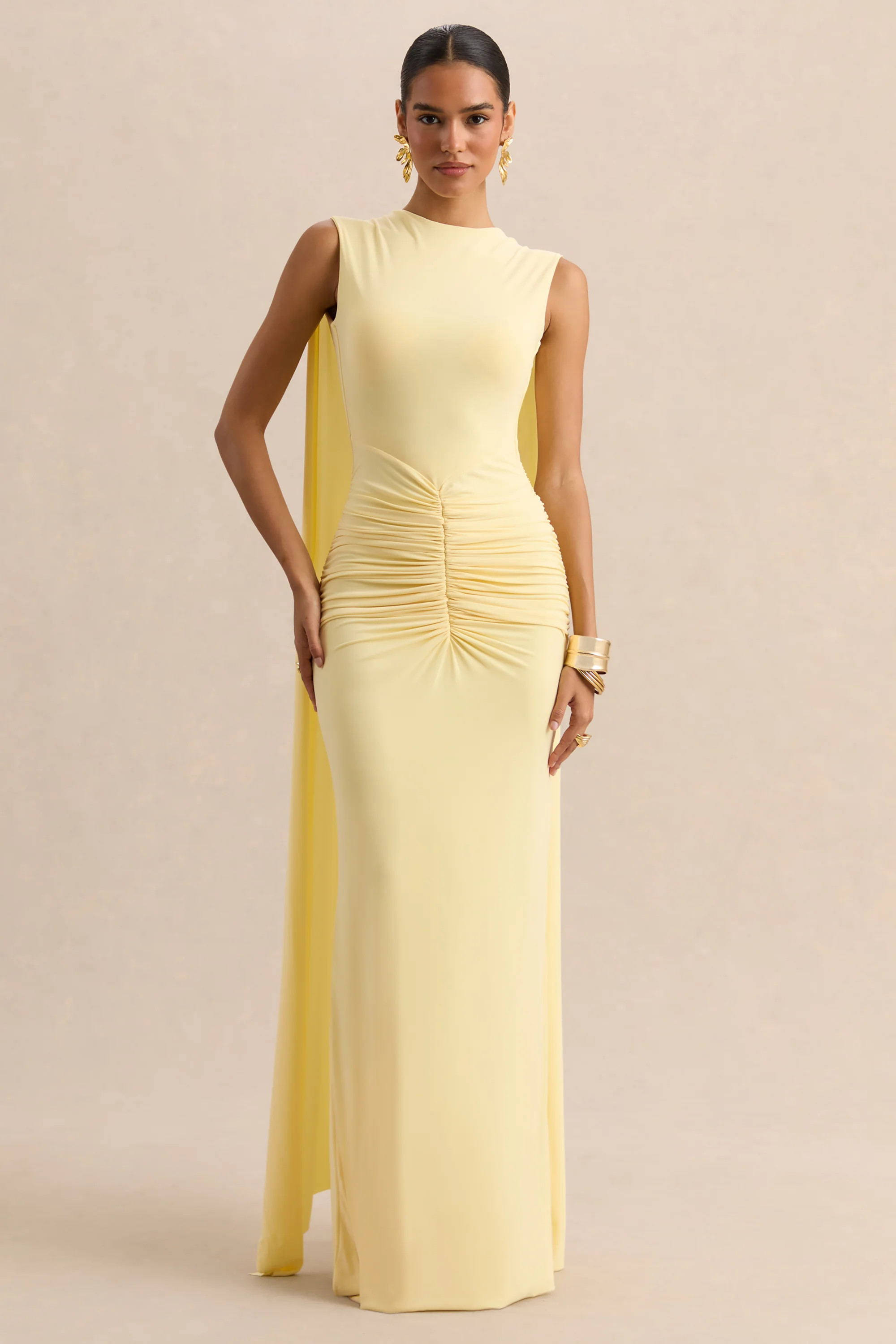 Premiere  Lemon Boat-Neck Maxi Dress With Cape-Sleeves And Open-Back | Club L London