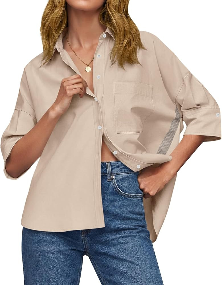 Cicy Bell Womens Summer Oversized Button Down Shirts Half Sleeve V Neck Business Casual High Low ... | Amazon (US)