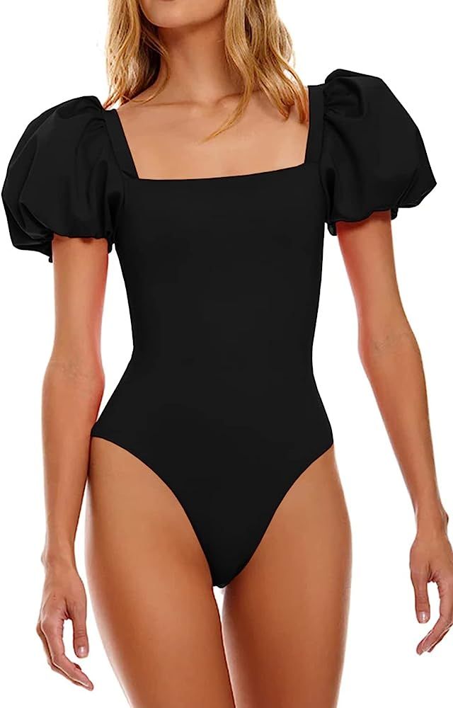 LANNEW Womens One Piece Swimsuit High Cut Swimwear Square Neck Bathing Suits Puff Sleeve Monokini... | Amazon (US)