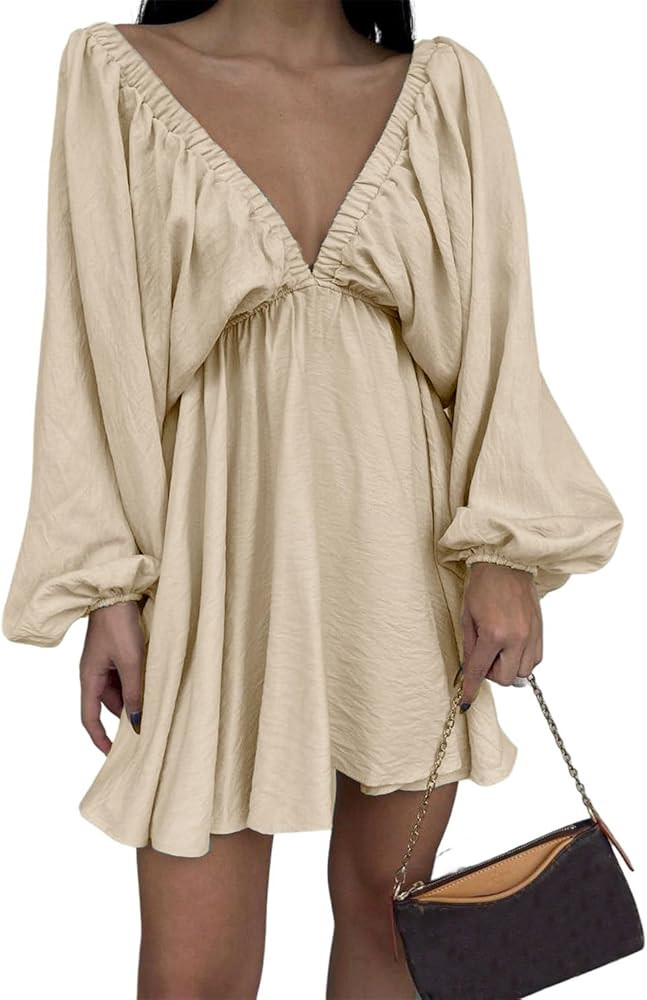LOFAAC Women Sexy Deep V Neck Puff Long Sleeve Mini Dress Backless High Waist Ruffle Short Dress ... | Amazon (US)