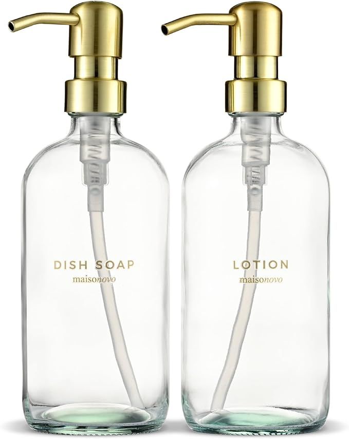 MaisoNovo 16 Oz Glass Soap Dispenser Bathroom 2 Pack w/Gold Stainless Steel Pump | Clear Glass So... | Amazon (US)