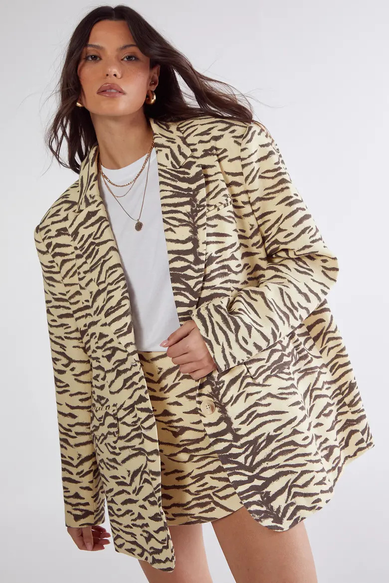 NASTY GAL Zebra Print Oversized Tailored Blazer in Butter at Nordstrom, Size 8 | Nordstrom