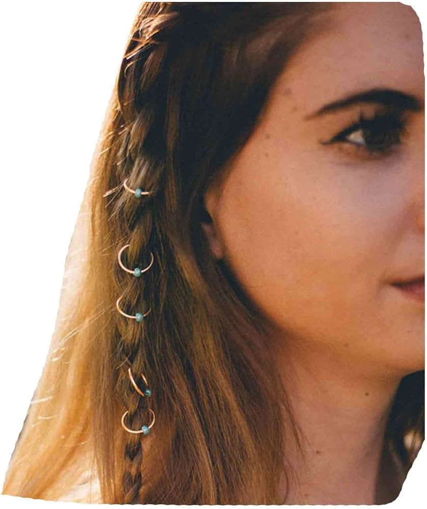 Boho Tribal Turquoise Circle Hair Jewelry Set: Dreadlock Hair Loop Clips, Gold Braid Rings and Af... | Amazon (US)