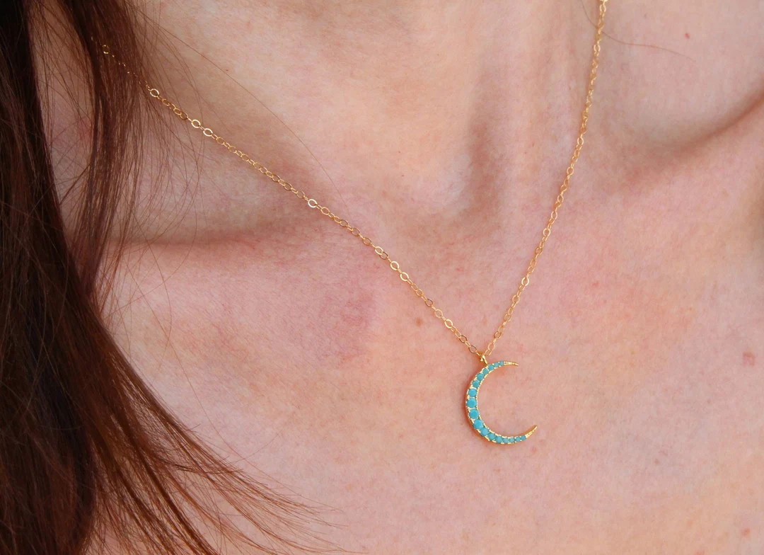 Delicate Turquoise Crescent Moon Necklace, Dainty Gold Necklace, Layering Necklace, Minimalist Je... | Etsy (US)