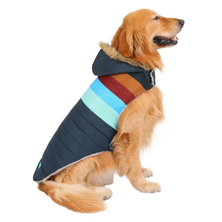HDE Dog Puffer Jacket Fleece Lined Winter Coat with Harness Hole Navy Retro Stripe XXL | Walmart (US)