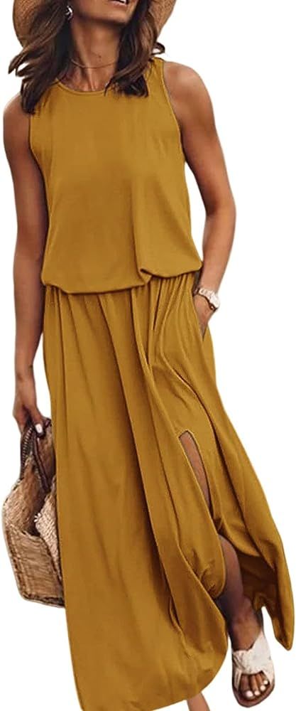 Dokotoo Womens 2023 Summer Beach Dresses Casual Maxi Dresses Sleeveless Tank Sun Dress with Pocke... | Amazon (US)