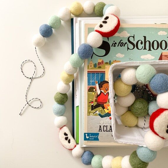 Back to School Felt Ball Garland | School Days | Apples, Blue, Green, White | Classroom, Homescho... | Etsy (US)