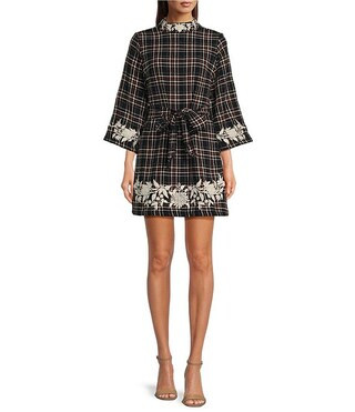 Layla Tweed Floral Embroidered Mock Neck Wide 3/4 Sleeve Tie Waist Mini Dress | Dillard's