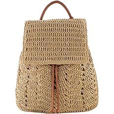 Monique Women Medium Straw Handmade Woven Backpack Flap Drawstring Shoulders Bag Beach Daypack | Amazon (US)
