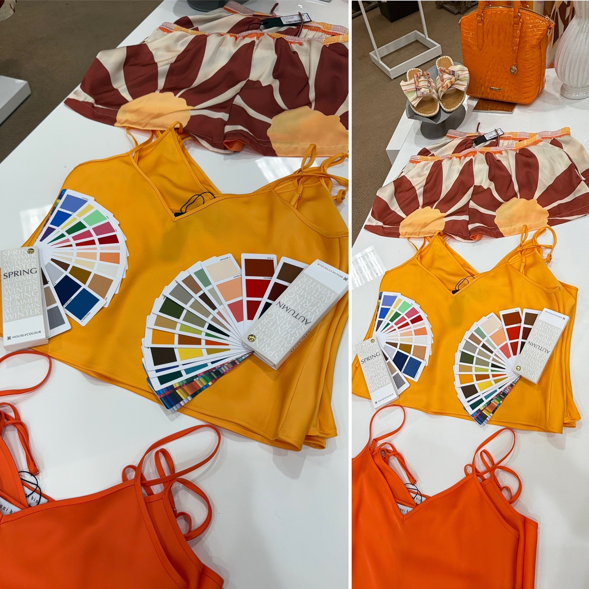 A wonderful example of a vibrant autumn item. Not only does this saffron shirt, harmonize better with the HOC autumn color fan, but you can also see how well it harmonizes with the orange top, the chestnut and browns in the shorts and the orange purse. #hocautumn