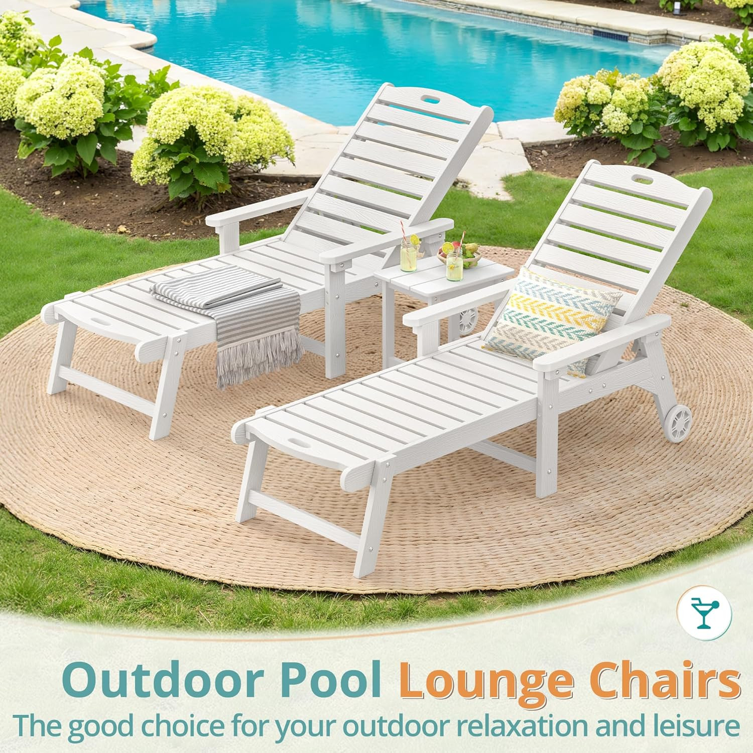 LUE BONA Outdoor Lounge Chair Set with Table, 3-Piece, HDPS Chaise Lounge Outdoor with Wheels, 5 ... | Amazon (US)
