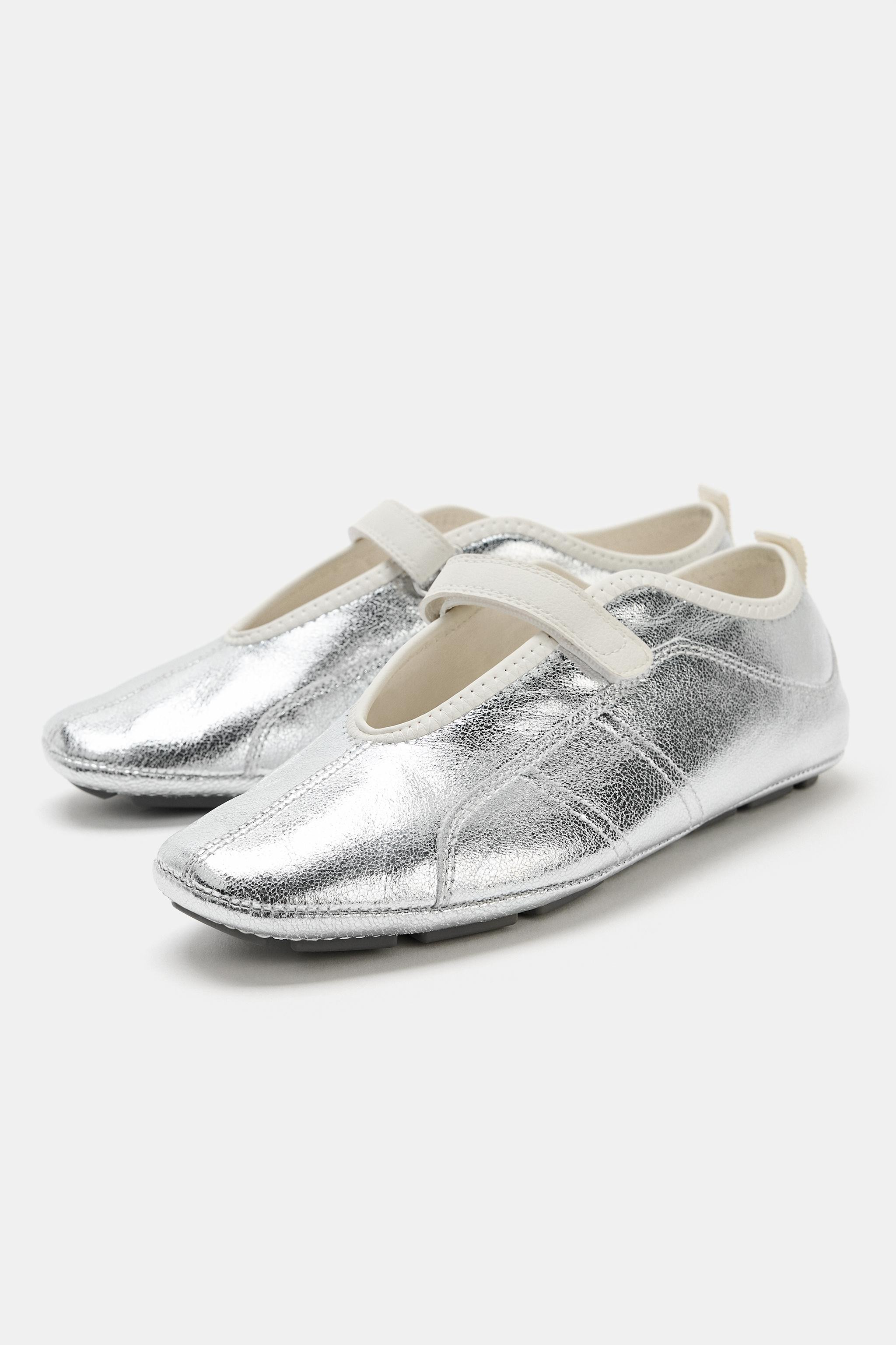 METALLIC LEATHER SPORTY BALLET FLATS | Zara US