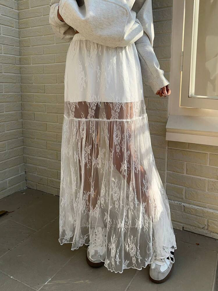 SHEIN EZwear Women's Summer Elastic Waist Lace Patchwork White Long Elegant A-Line Skirt | SHEIN