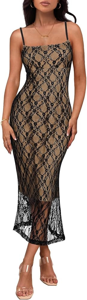 MEROKEETY Women's Summer Bodycon Spaghetti Strap Dress Square Neck Lace Wedding Guest Cocktail Ma... | Amazon (US)