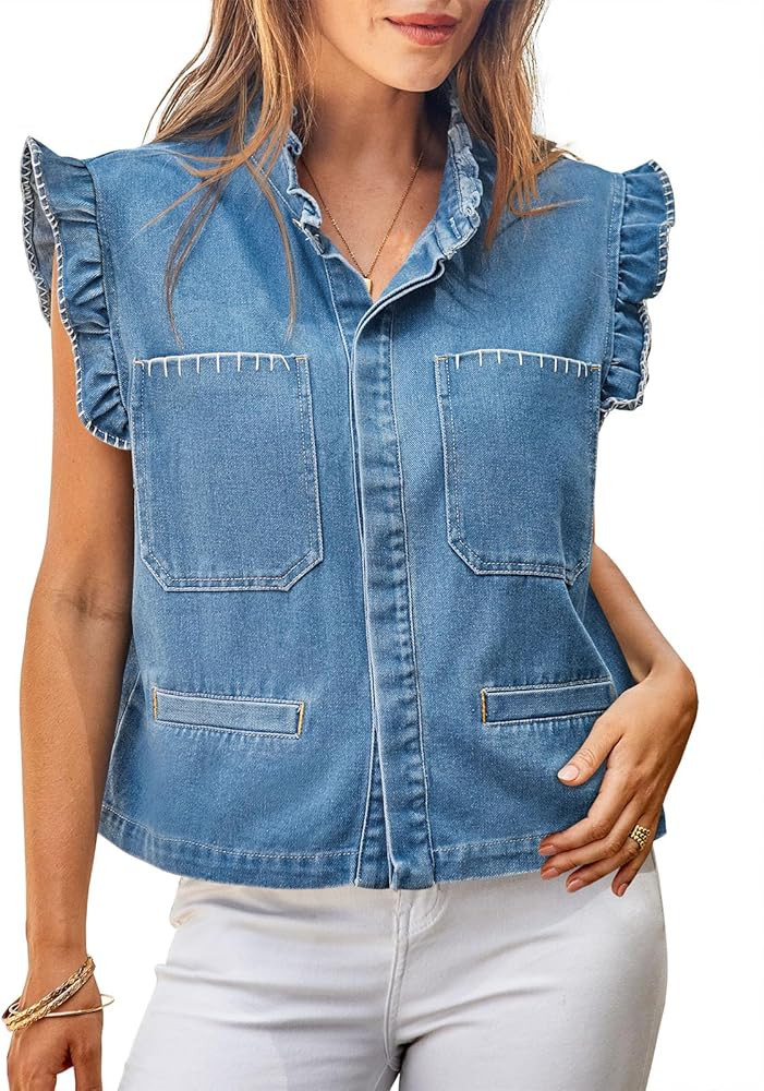 Tankaneo Womens Denim Vest Ruffle Sleeve Summer Causal Cropped Jean Vests Tops Sleeveless Jackets | Amazon (US)