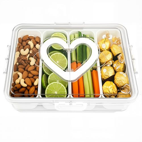 XXKMDXW Divided Snack Serving Tray with Lid and Handle travel Snackle Box Charcuterie Container Portable Storage Organizer for Candy Divided Serving Tray with Lid for Fruits, Snacks, Sauces & More | Amazon (US)