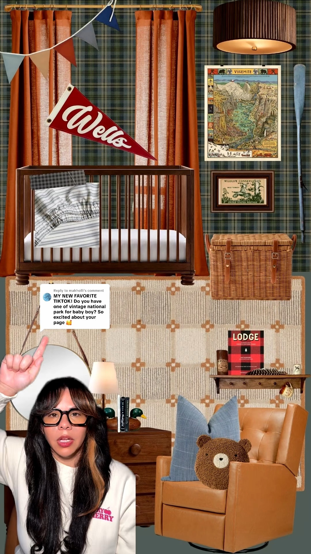 National Parks nursery moodboard for a cozy lodge-inspired baby room 🌲🏕️ I leaned into plaid wallpaper, warm wood furniture, rust curtains, and vintage-inspired decor to create a nursery that feels like a little cabin tucked near the parks. 

Details like the Yosemite wall art, camp pennant flag, canoe oar, and vintage thermos bring in that adventurous outdoor feel while still keeping the room warm and cozy for a nursery. 

This would also be such a fun theme to build over time by thrifting vintage camp pieces or collecting National Park souvenirs.

Shop the pieces below for a national parks nursery, woodland nursery decor, lodge nursery ideas, and vintage camping nursery inspiration.

#LTKBump #LTKBaby #LTKHome