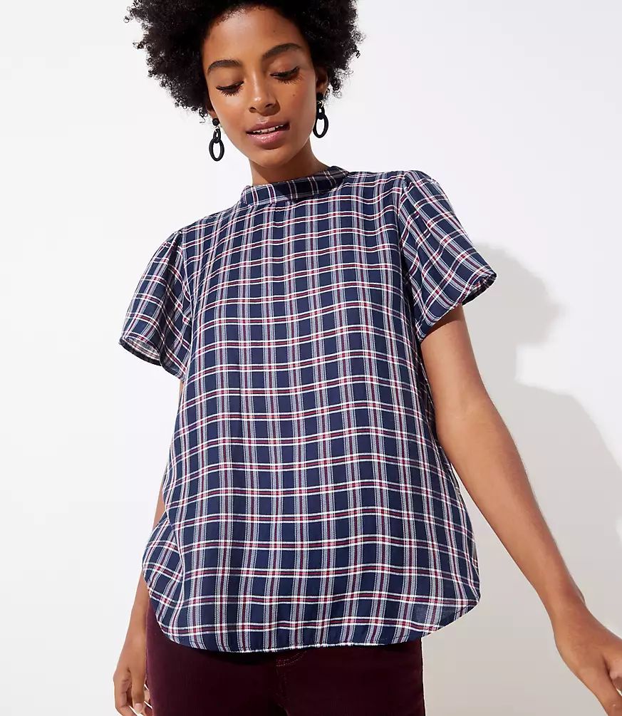 Plaid Mock Neck Flutter Top | LOFT | LOFT