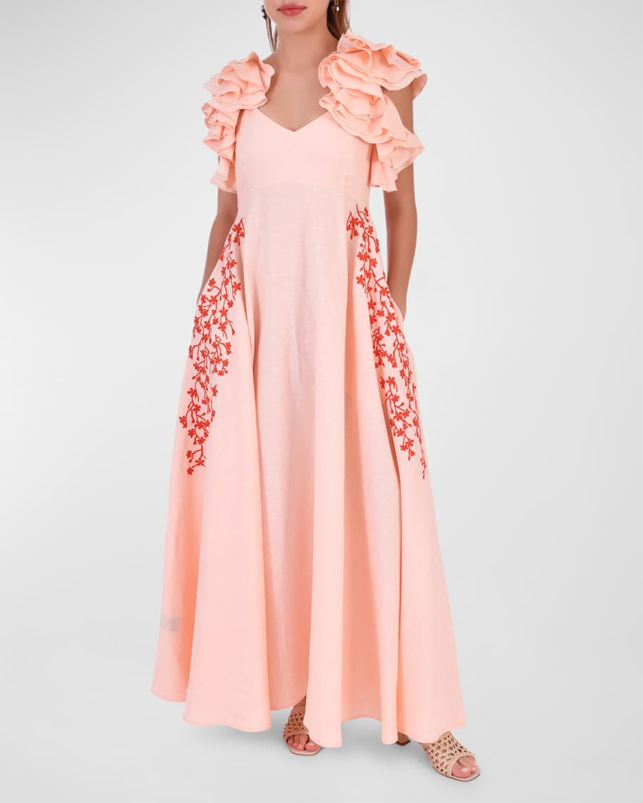 FANM MON Essen Ruffle Floral Linen Tie-Back Maxi Dress | Neiman Marcus