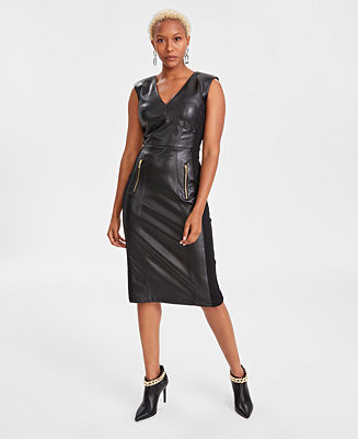 I.N.C. International Concepts Plus V-Neck Faux-Leather Midi Dress, Created for Macy's  - Macy's | Macy's