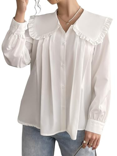 GORGLITTER Women's Peter Pan Collar Shirt Blouse Long Sleeve Ruffle Large Doll Collar Button Shirt Tops Trendy 2025 White Large | Amazon (US)