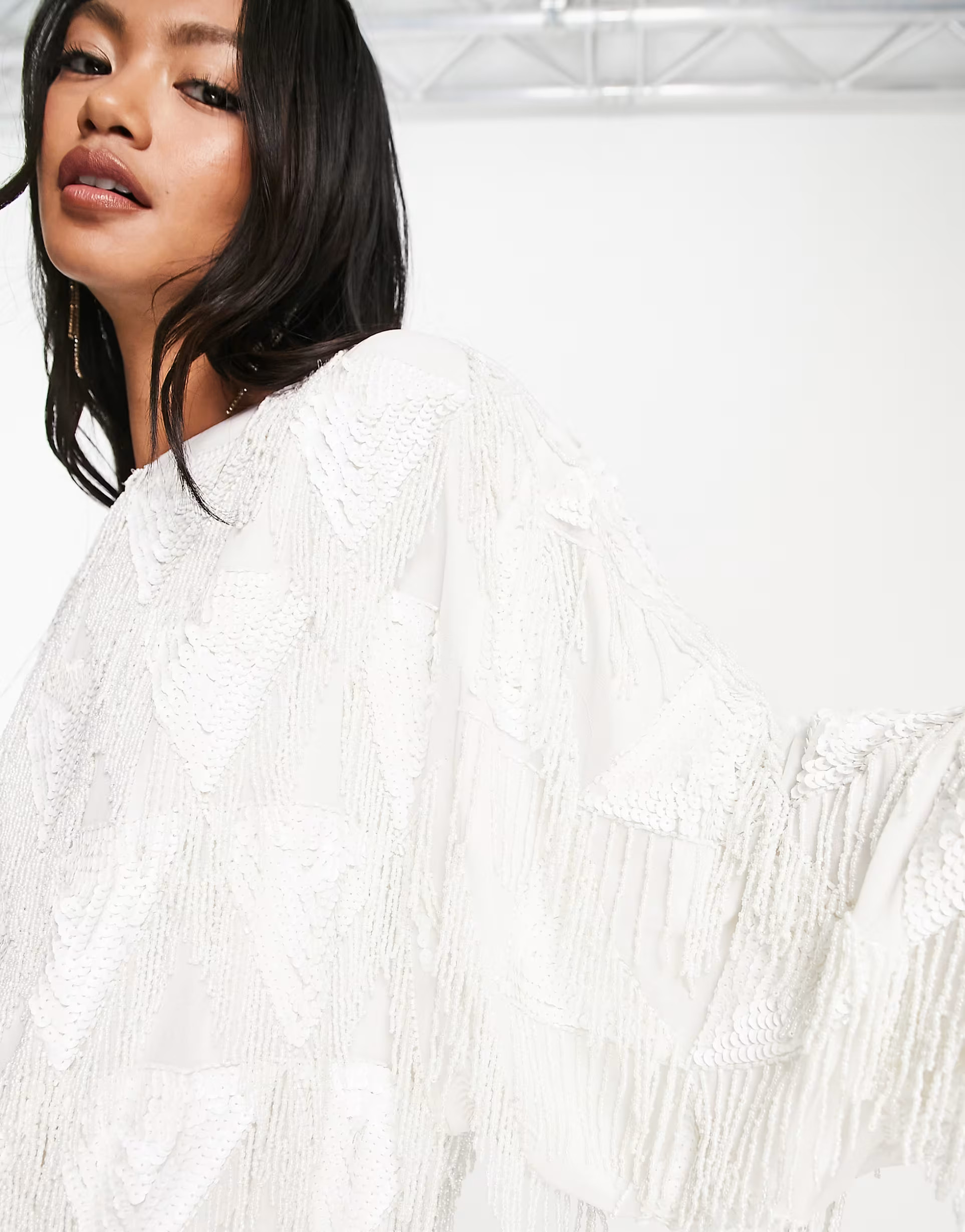 ASOS DESIGN embellished fringe batwing mini dress in white | ASOS (Global)