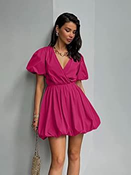 PRETTYGARDEN Women's Short Summer Dresses Casual Puffy Sleeve Wrap V Neck Ruffle Solid Color Flar... | Amazon (US)