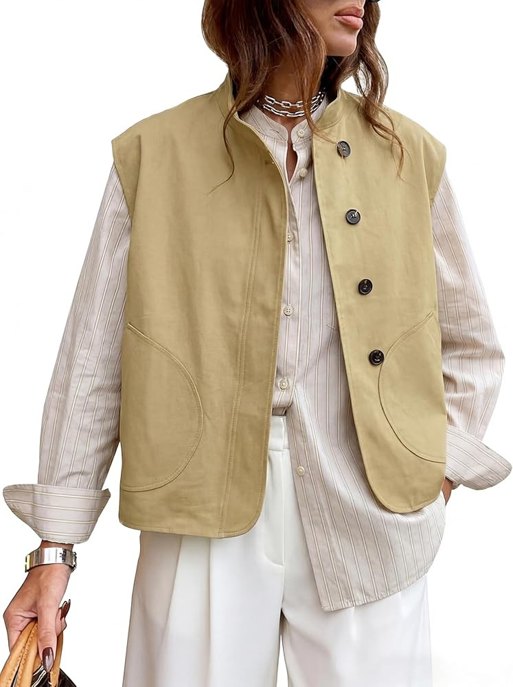 Watashi Women's Stand Collar Cotton Vest Casual Button Up Oversized Sleeveless Waistcoat for Fall... | Amazon (US)