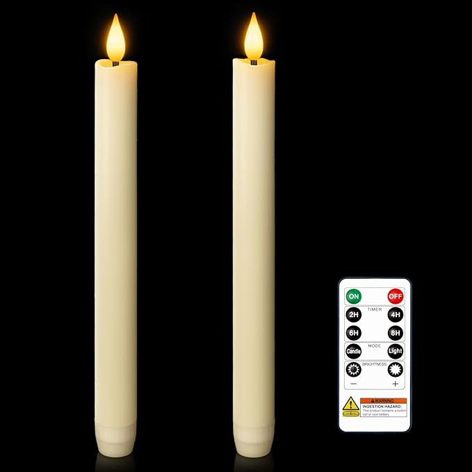 Homemory 2 Pcs Real Wax Made Flameless Taper Candles with Remote and Timer, 9.6" Ivory Battery Op... | Amazon (US)
