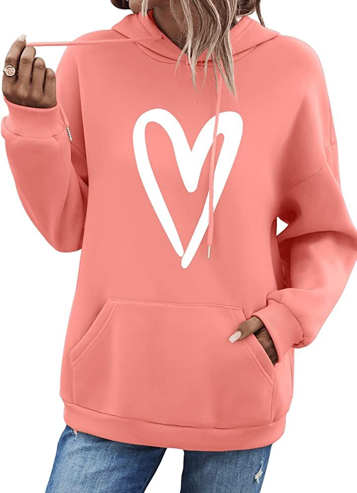 SweatyRocks Women's Casual Heart Print Long Sleeve Pullover Hoodie Sweatshirt Tops | Amazon (US)