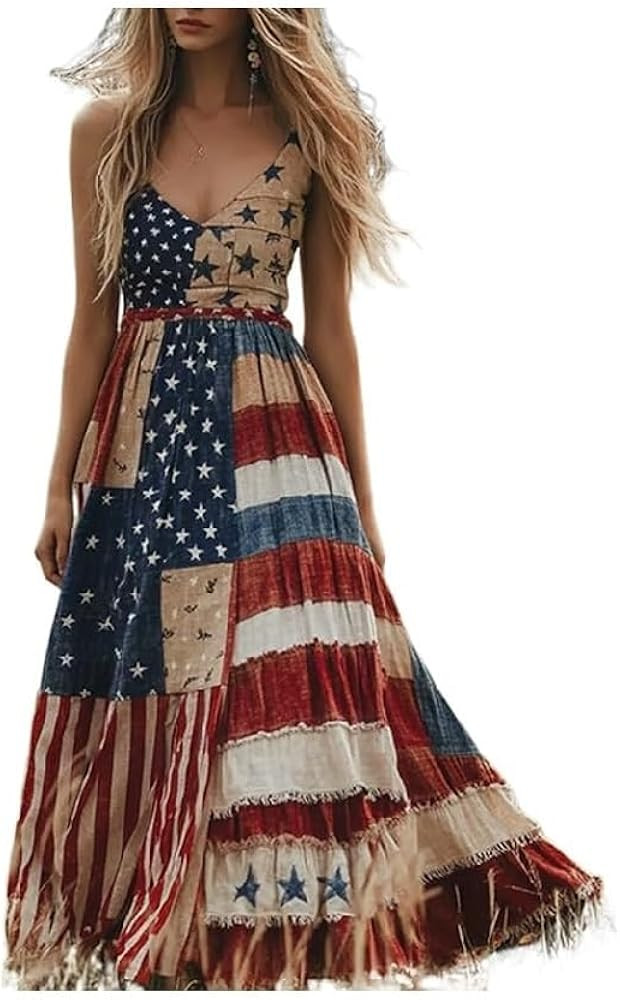 Women's Independence Day Patch Art Line Dress Floral American Flag Maxi Dresses | Amazon (US)