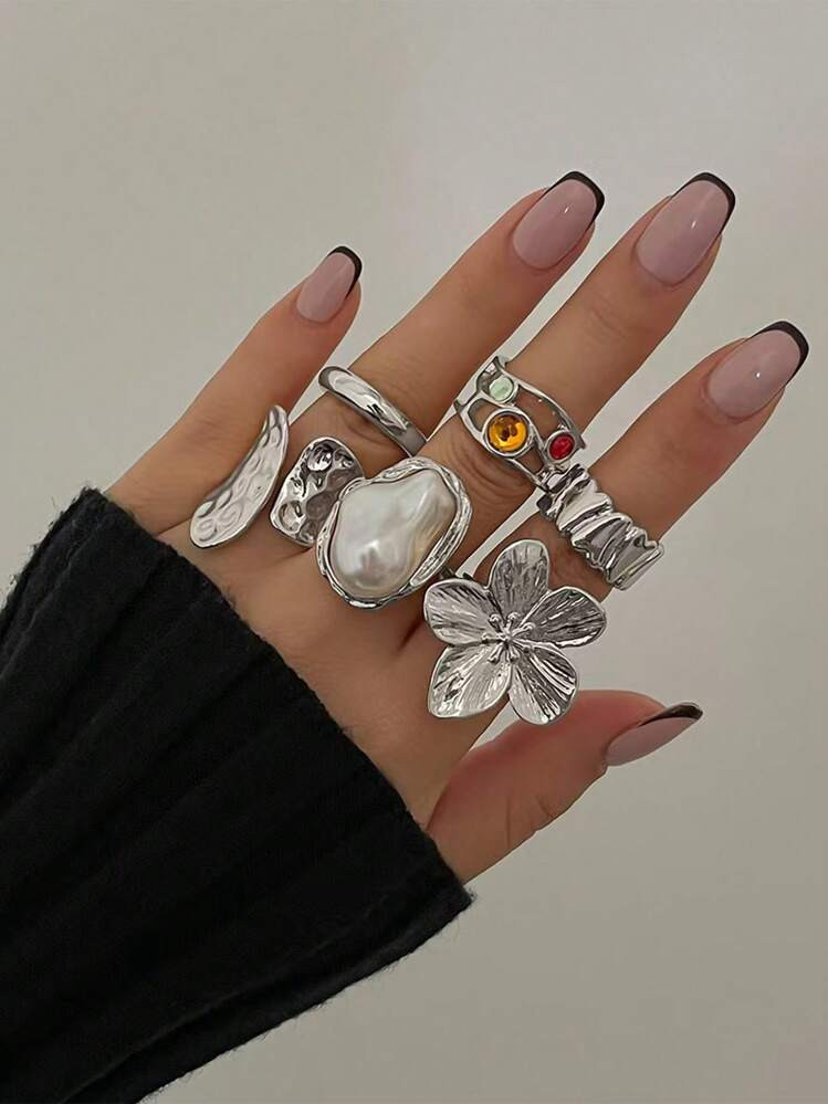 6pcs/Set Baroque Faux Pearl Rings, Exaggerated Open Flower Ring Set, Elegant Women Vintage Jewelry | SHEIN