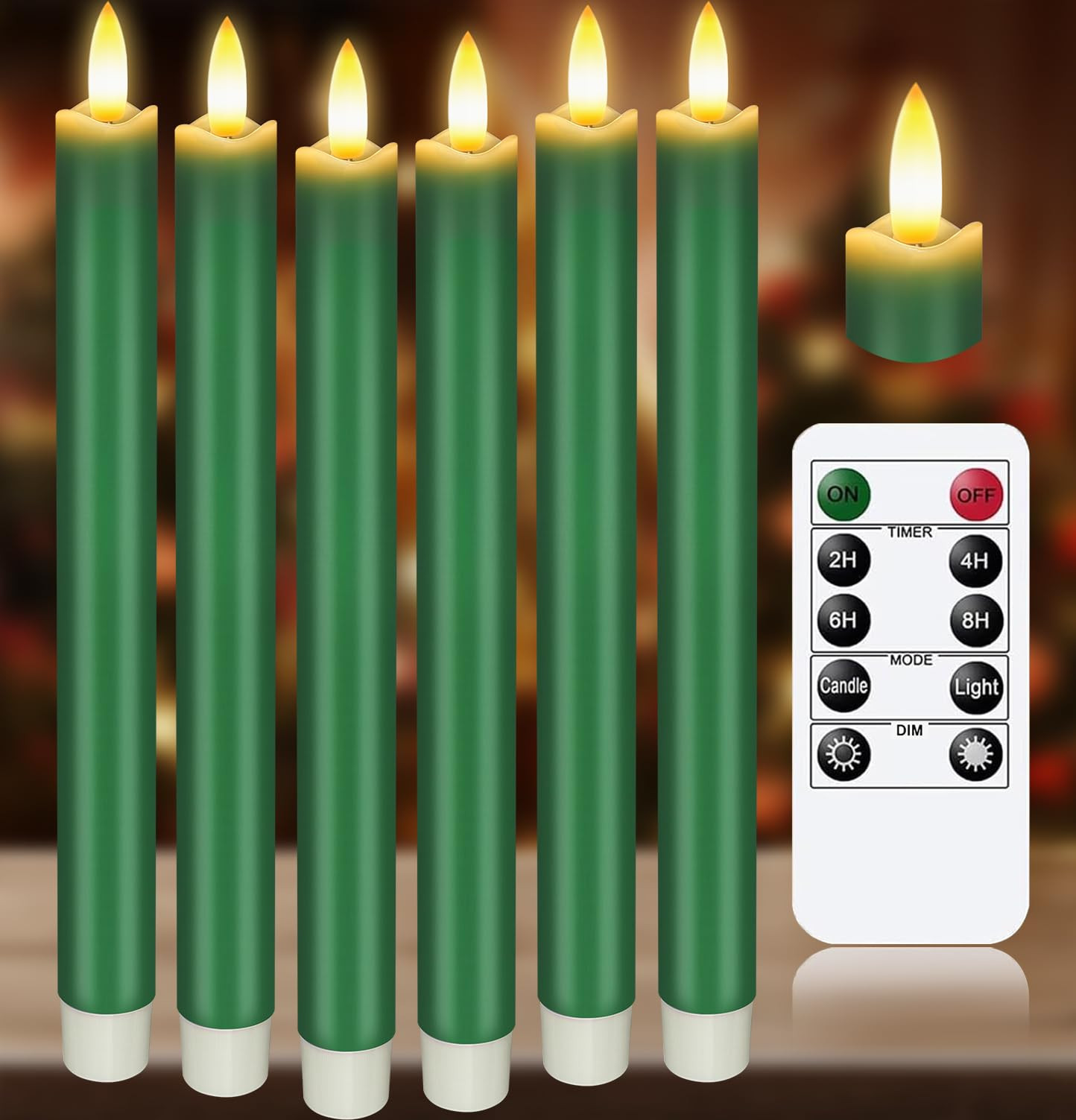 Upgraded Real Wax LED Flameless Green Taper Candles with Remote, KSWING 6 PCS Candlesticks Batter... | Amazon (US)