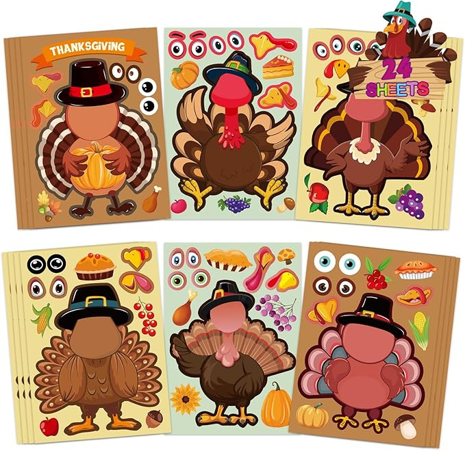 24Sheet Make-a-Turkey Stickers Thanksgiving Party Favors Supplies Stickers for Kids Turkey Games ... | Amazon (US)