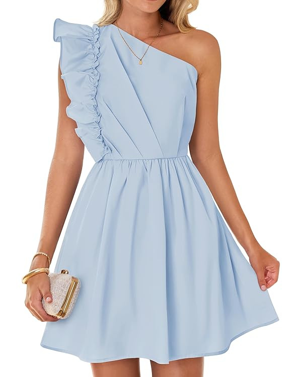 ZESICA Women's Summer One Shoulder Ruffle Dress 2024 Boho Sleeveless Elastic High Waist Swing Min... | Amazon (US)