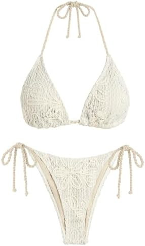 ZAFUL Crochet Triangle Bikini Halter Sting Bikinis Cute Cheeky Two Piece Swimsuit Sexy Bathing Su... | Amazon (US)