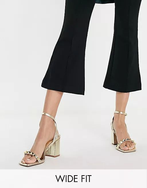 ASOS DESIGN Wide Fit Holt studded mid heeled sandals in gold  | ASOS | ASOS (Global)