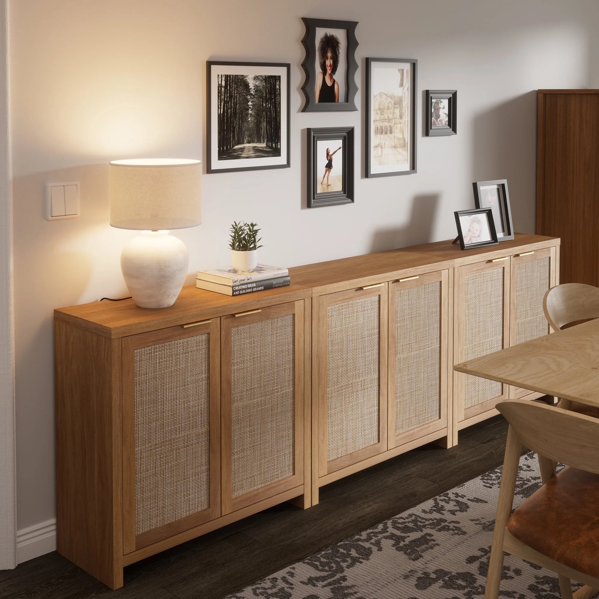 ARKANTOS Rattan Sideboard Buffet Cabinet with Adjustable Shelf, Set of 3, Natural Oak | Walmart (US)