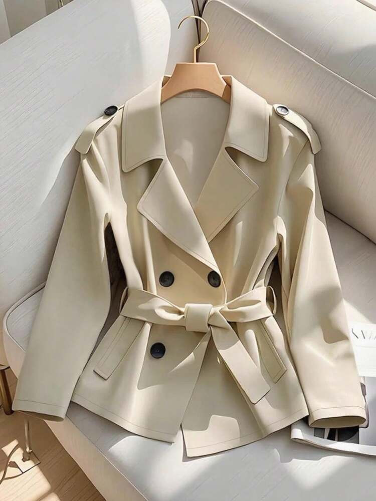 Franclia Autumn And Winter Fashion New Double-Breasted Belt Short Women's Coffee-Colored Long-Sleeved Windbreaker, Shoulder Button Decoration Large Lapel Women's Casual Windbreaker, Lightweight & Stylish, Business Casual Women, Going Out , Women's Winter , Women's Winter Coat, Country Concert, Classy For Women, Fall For Women, Halloween Costumes For Women Women's Winter Coat Autumn For Women Fall For Women Autumn For Women Winter For Women 4.74 (100+)  | SHEIN