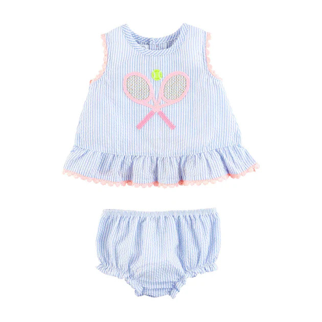 Tennis Blue Seersucker Pinafore Bloomer Set | Classic Whimsy