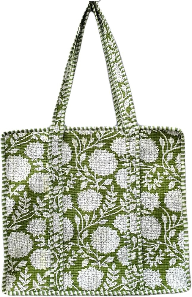 Quilted Cotton Handprinted Block print Reversible Large multicolor Floral Tote Bag (COTTON, GREEN... | Amazon (US)