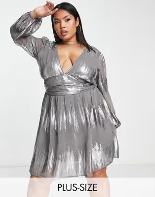 River Island Plus metallic thread mini dress in silver | ASOS (Global)