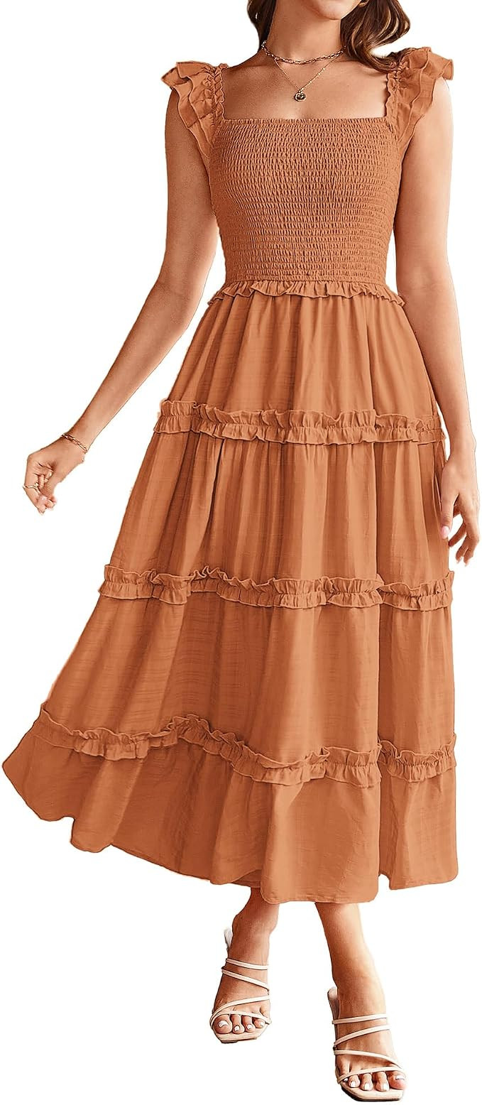 GRACE KARIN 2025 Womens Summer Beach Dress Square Neck Casual A-Line Maxi Sundress with Pocket | Amazon (US)