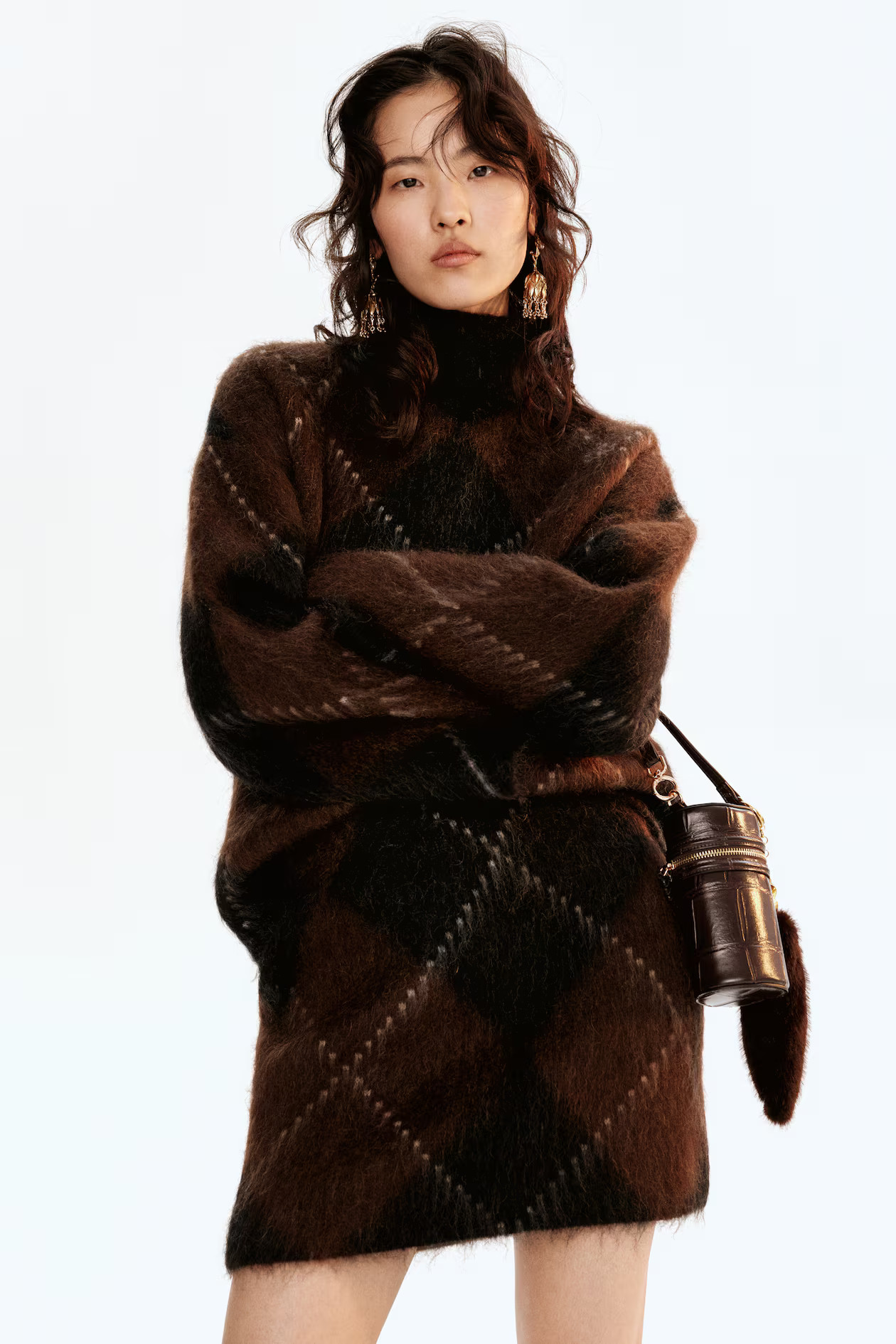 Mohair-blend turtleneck jumper - Dark brown/Argyle pattern - Ladies | H&M GB | H&M (UK, MY, IN, SG, PH, TW, HK)
